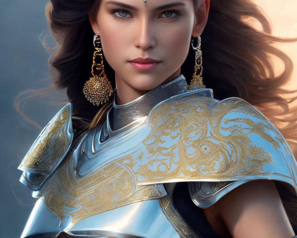 Digital Artwork: Woman in Golden Armor with Dark Hair & Blue Eyes