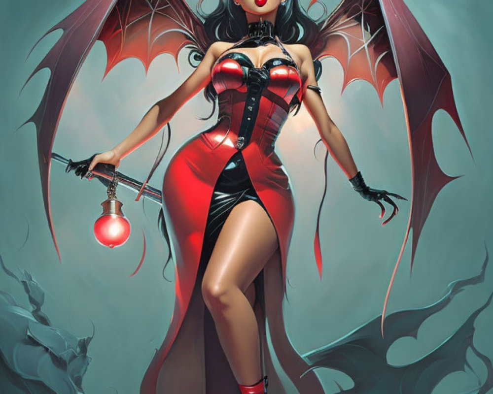 Illustration of female demon with bat wings, horns, scepter, in red and black attire,