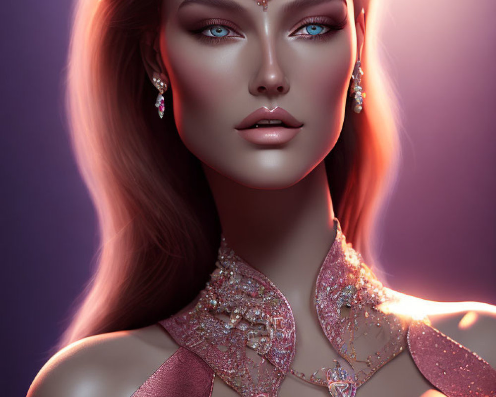 Digital portrait of woman with blue eyes and jewelry on purple background