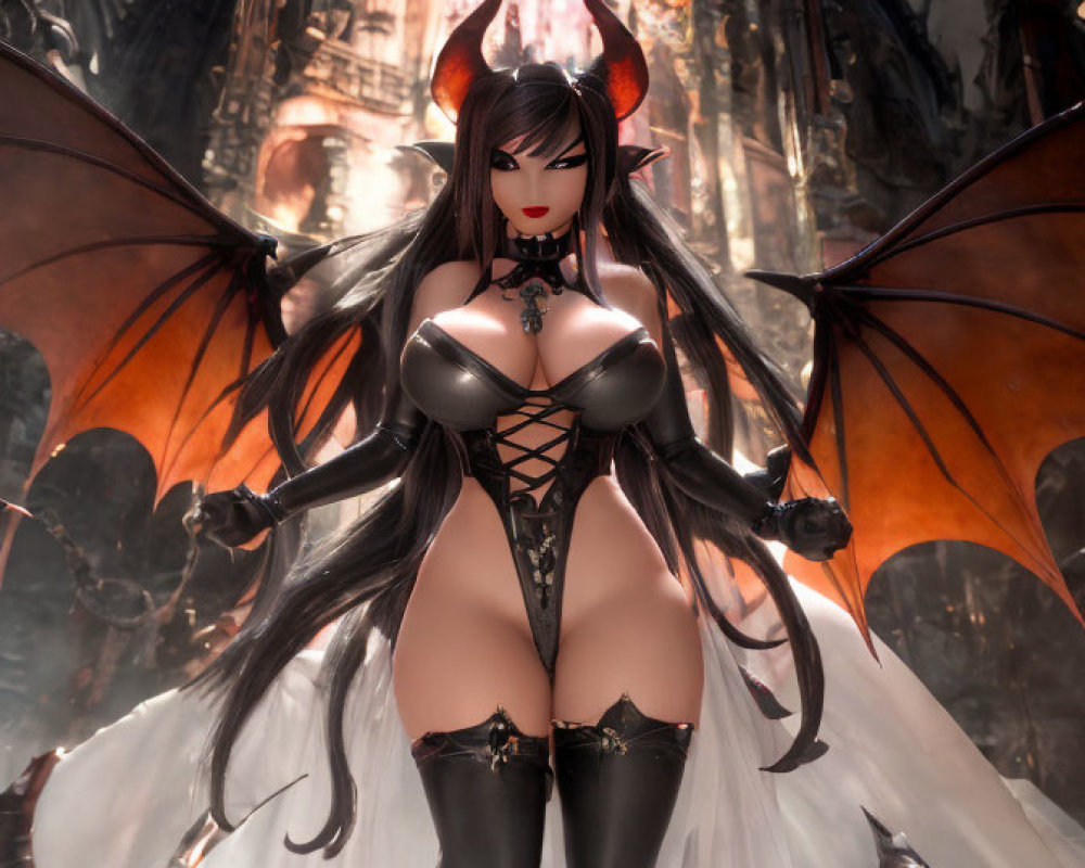 Female demon with horns and wings in black costume against gothic castle