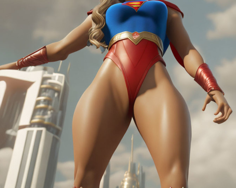 3D rendering of Supergirl in blue and red costume with cape in heroic pose