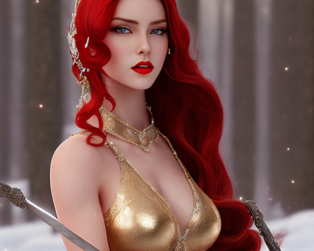 Regal red-haired woman with golden crown in snowy forest setting