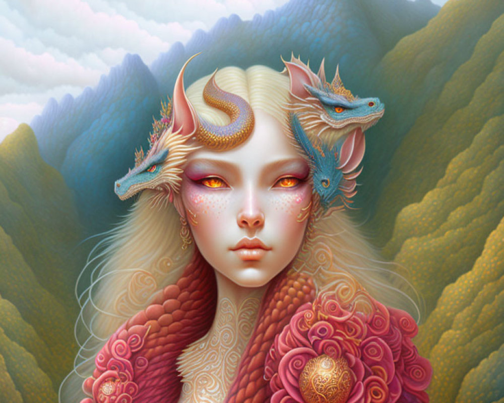 Fantasy illustration of woman with dragon features and small dragons on shoulders in mountainous backdrop