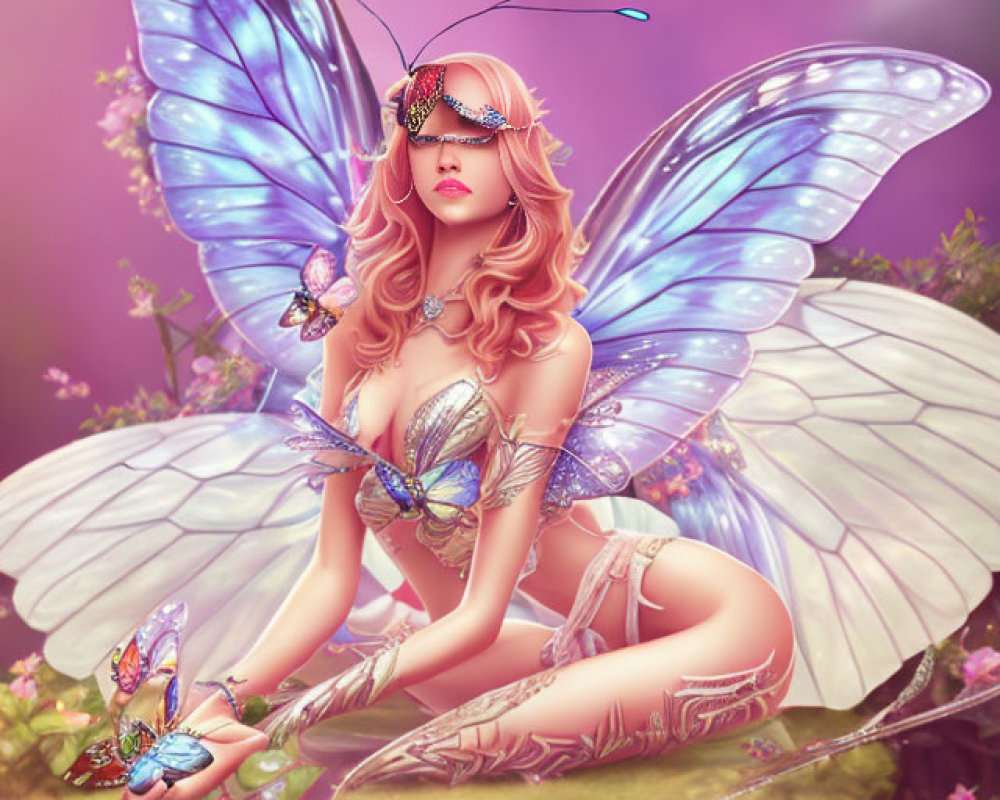 Fairy with Iridescent Wings on Mossy Knoll amid Butterflies