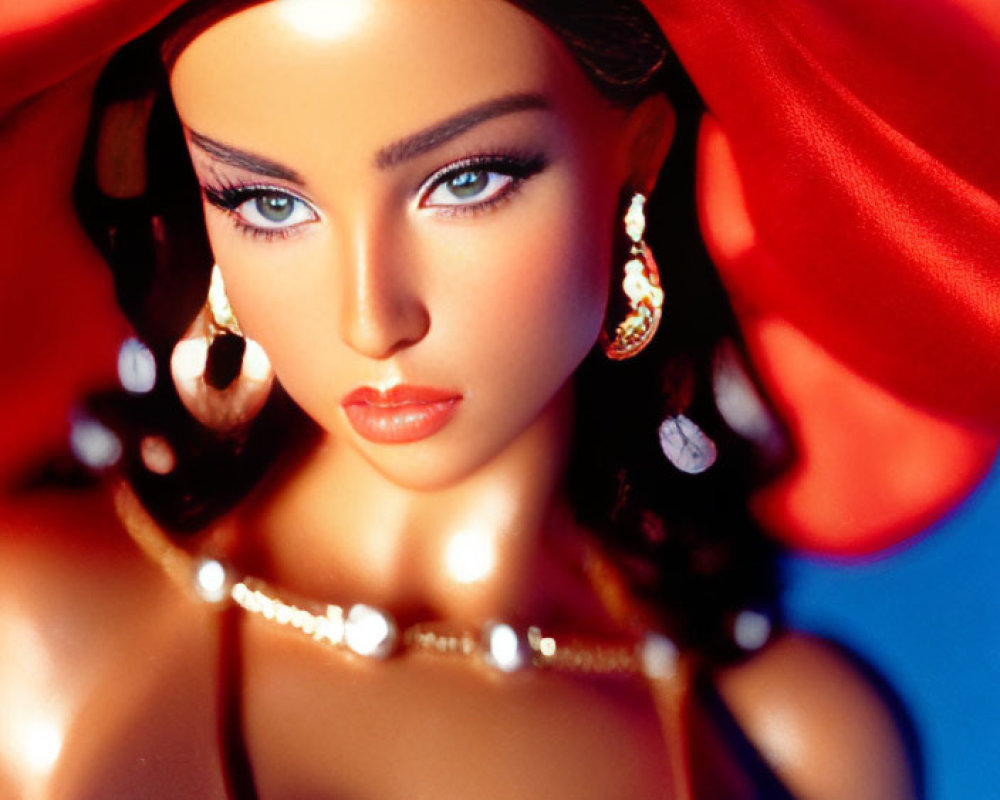 Detailed Close-Up of Doll with Red Hat and Gold Accessories on Blue Background