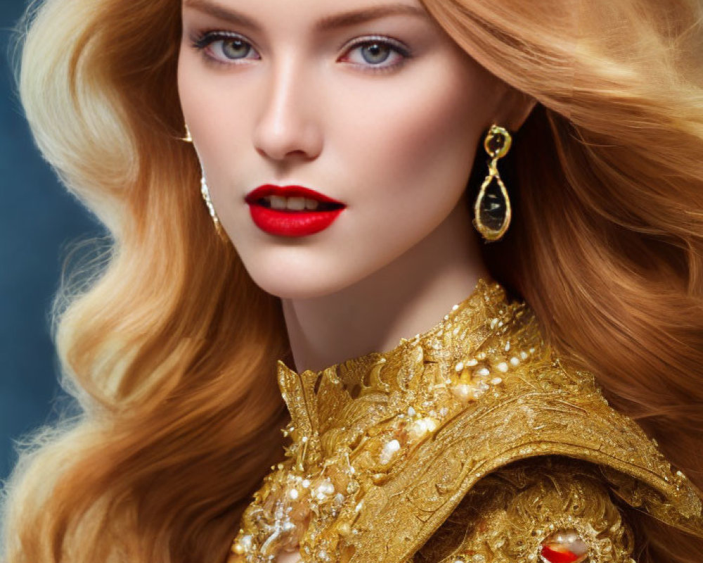 Portrait of Woman with Golden Hair, Red Lipstick, and Ornate Gold Jewelry