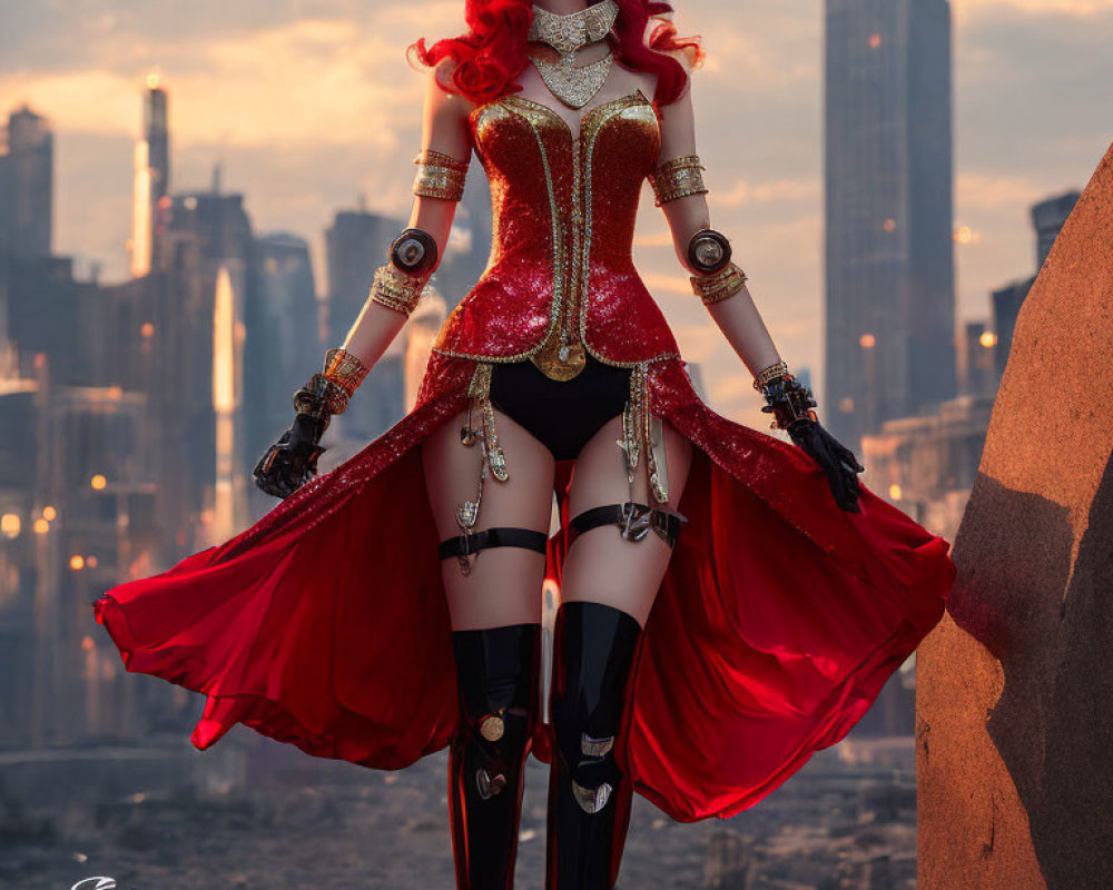 Stylized image of woman in red and black costume with futuristic cityscape.