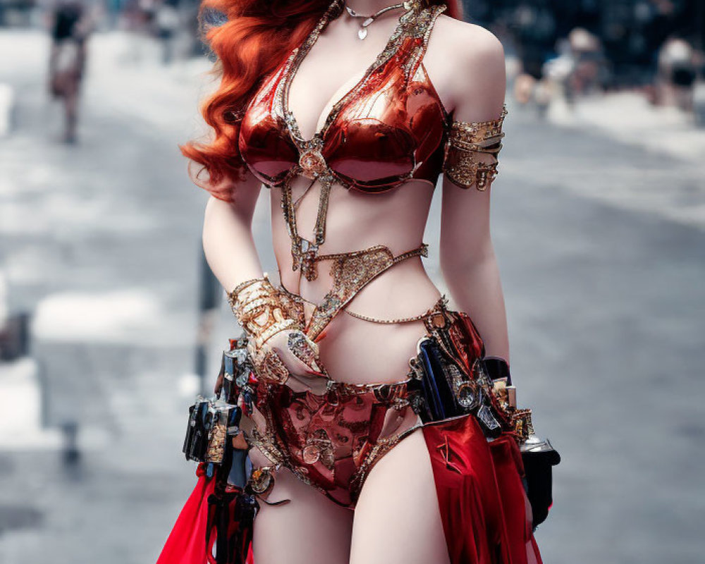 Striking red-haired woman in golden fantasy warrior costume with prop guns poses in urban setting