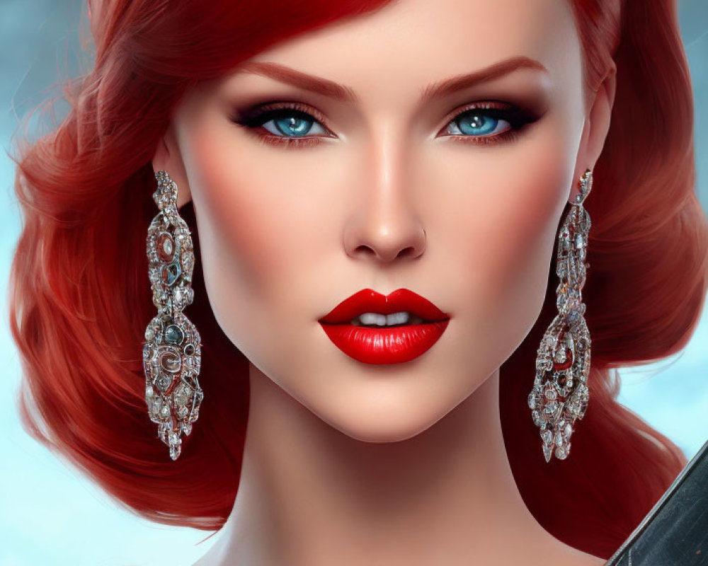 Digital artwork: Woman with red hair, blue eyes, silver earrings on blue background