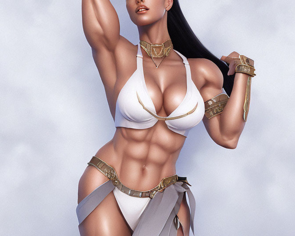 Female Warrior Digital Artwork in White and Gold Bikini Armor