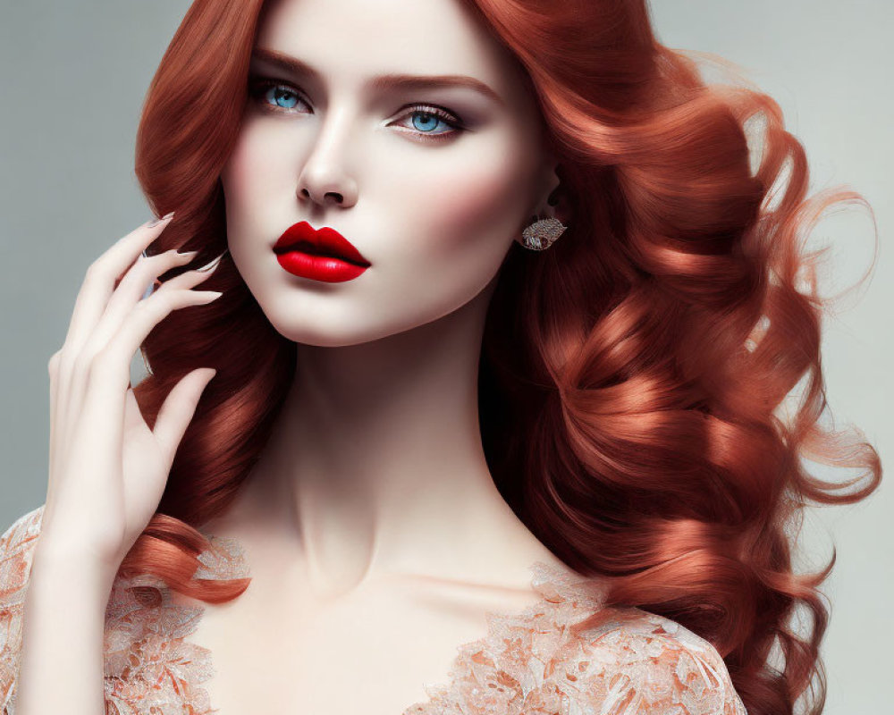 Portrait of Woman with Red Hair, Porcelain Skin, Blue Eyes, Red Lipstick, Lace Dress