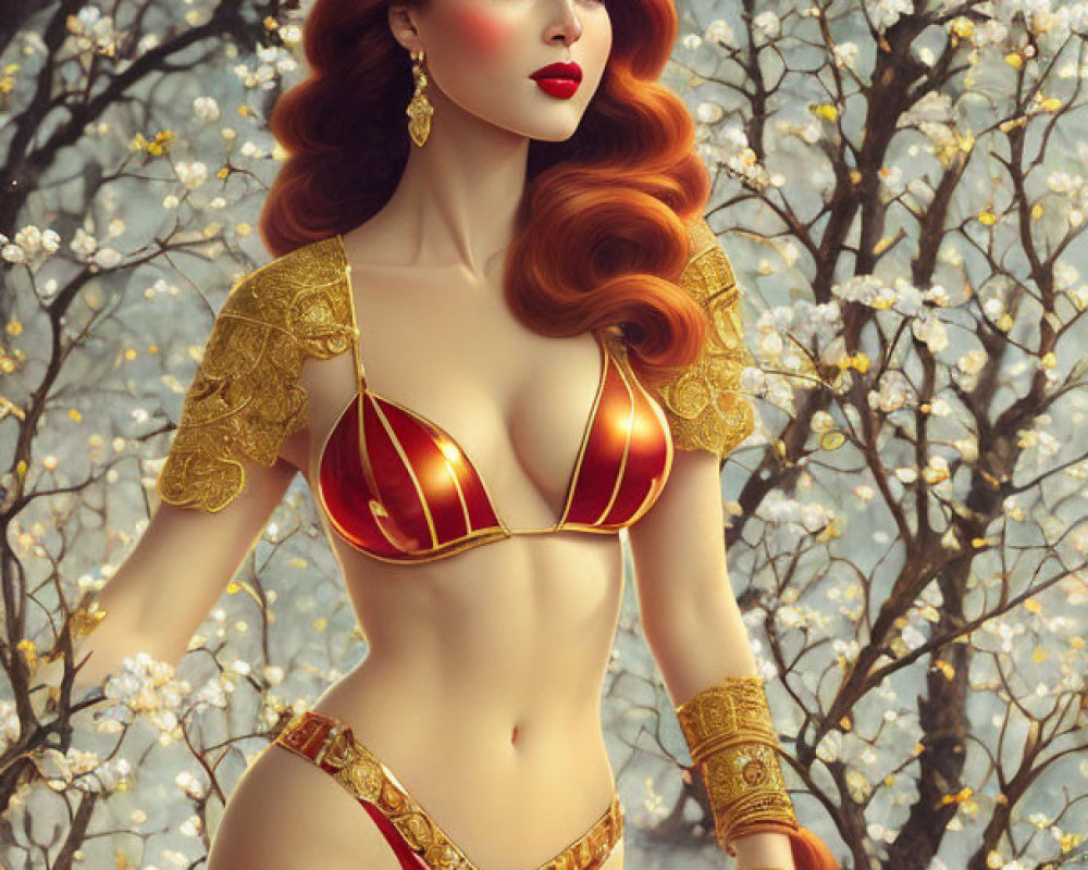 Red-haired woman in gold crown and bikini among white flowers in water