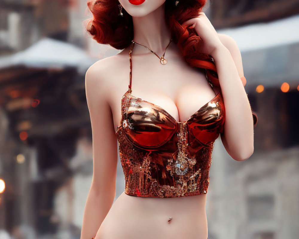 Digital Artwork: Woman with Red Hair and Gold Corset Top