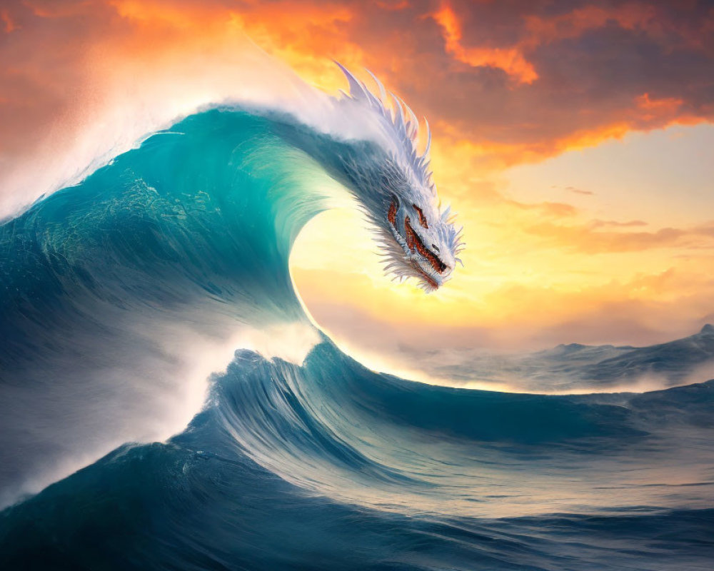 White dragon emerges from cresting wave at sunset.