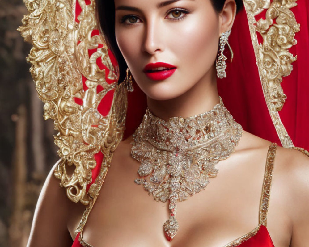 Woman in Red Dress with Gold Headpiece and Necklace Poses Elegantly