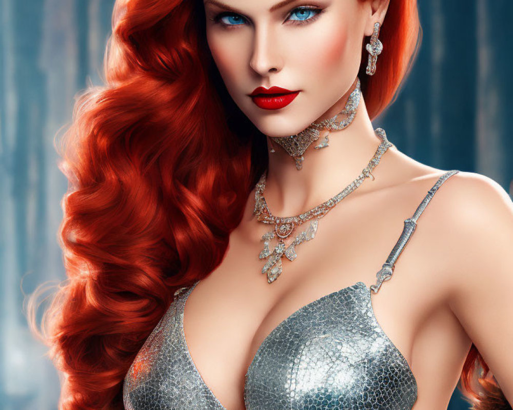 Stylized image of woman with red hair and silver jewelry in blue forest