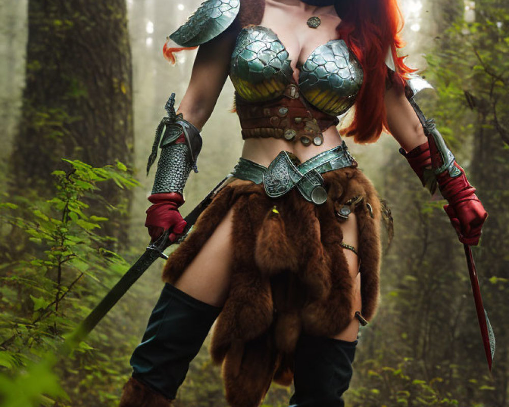 Red-haired fantasy warrior in scale armor and fur skirt in misty forest