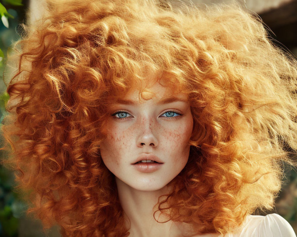 Portrait of person with voluminous curly red hair, fair skin, freckles, and blue eyes