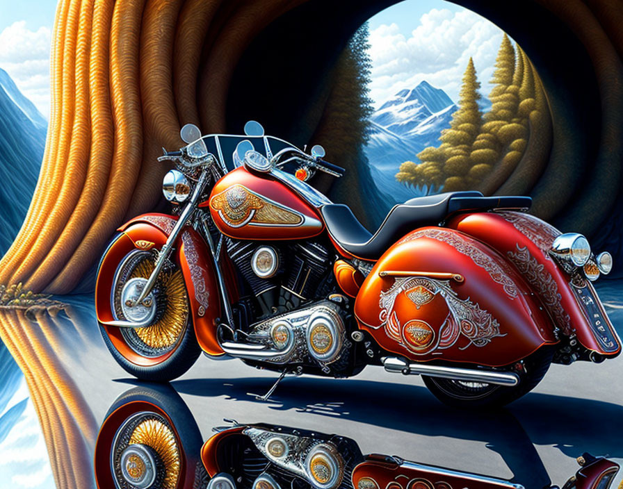 Detailed custom motorcycle illustration near tunnel entrance with mountainous landscape reflection