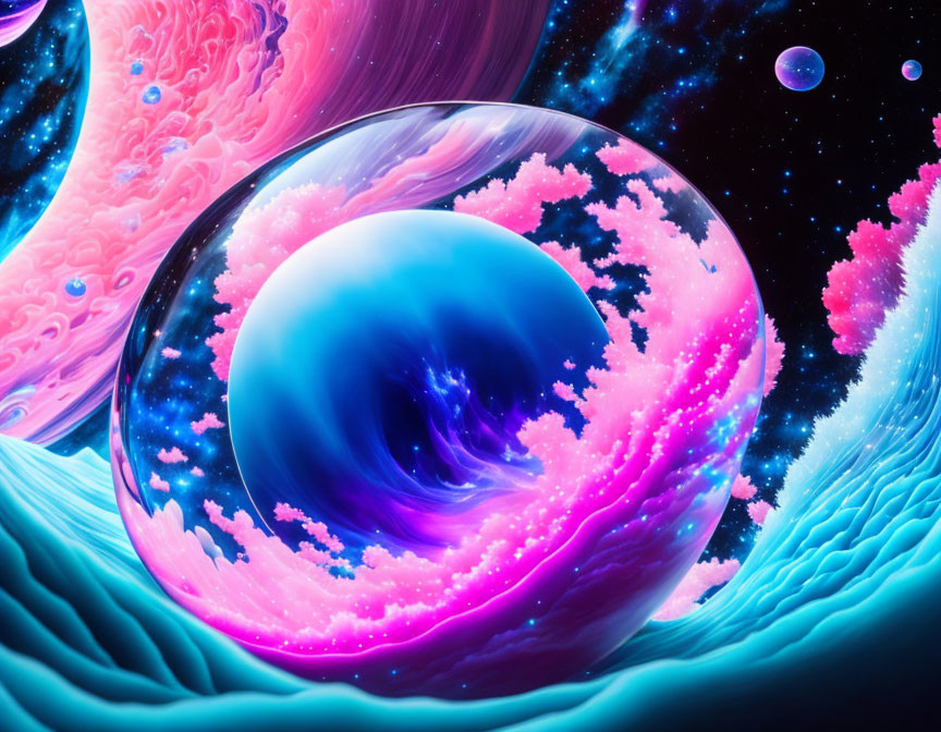 Colorful Digital Artwork: Iridescent Bubble in Cosmic Landscape