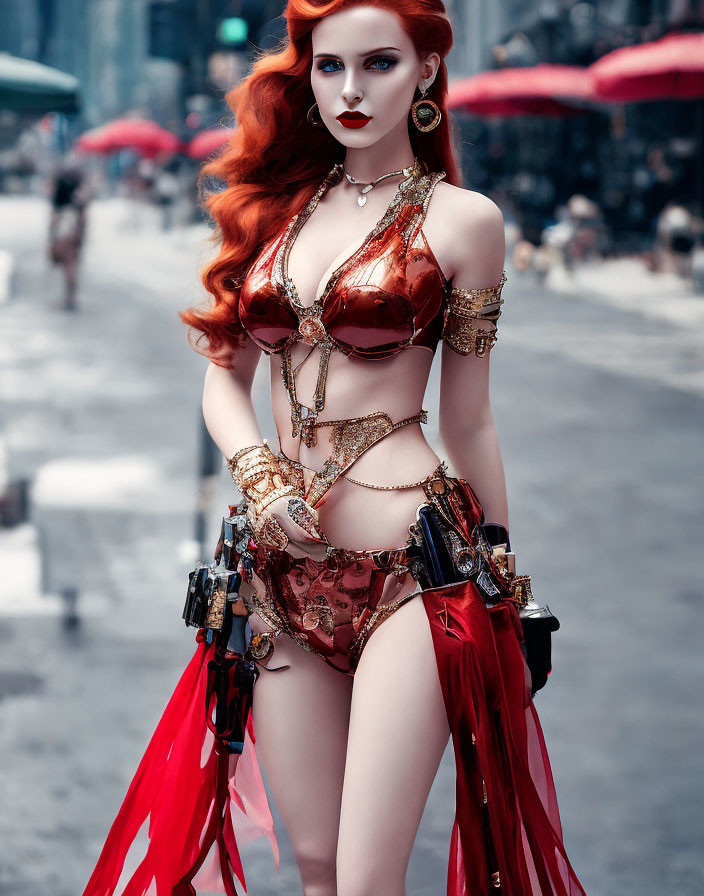 Striking red-haired woman in golden fantasy warrior costume with prop guns poses in urban setting