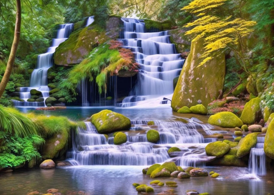 Tranquil Cascading Waterfall in Lush Autumn Setting