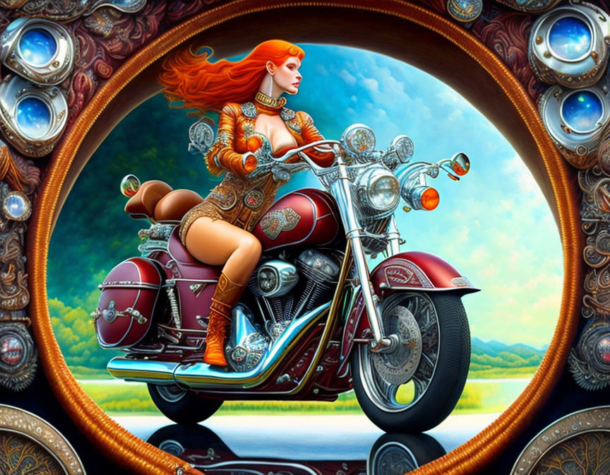 Red-haired woman in fantasy armor on classic motorcycle in surreal ornate frame.