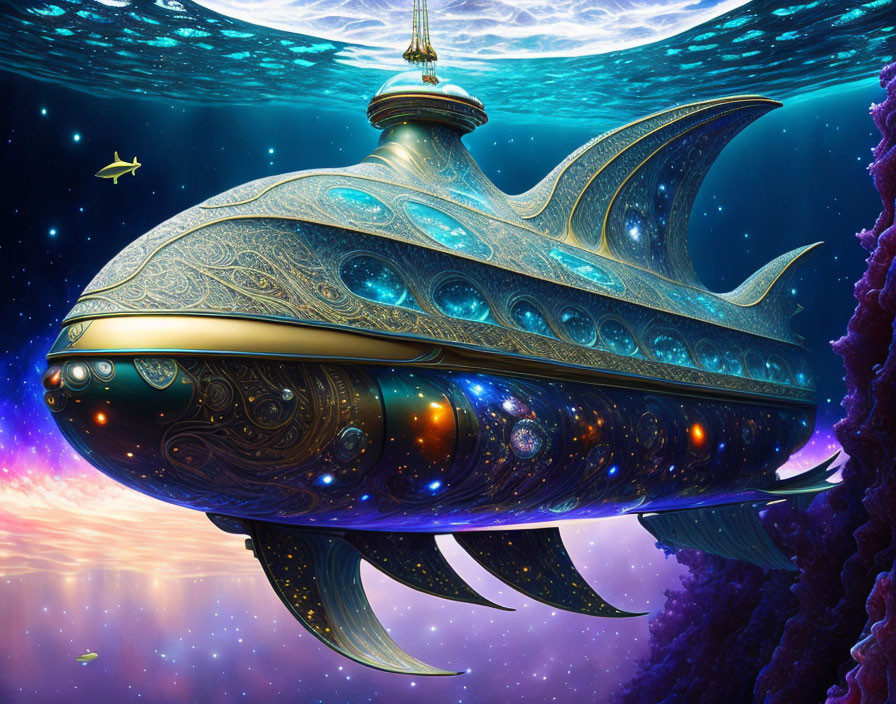 Ornate futuristic spaceship with golden patterns above alien seascape