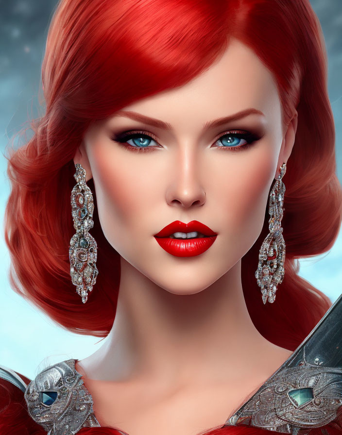 Digital artwork: Woman with red hair, blue eyes, silver earrings on blue background