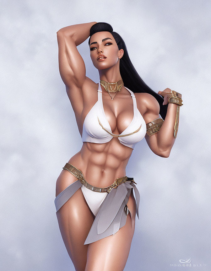 Female Warrior Digital Artwork in White and Gold Bikini Armor