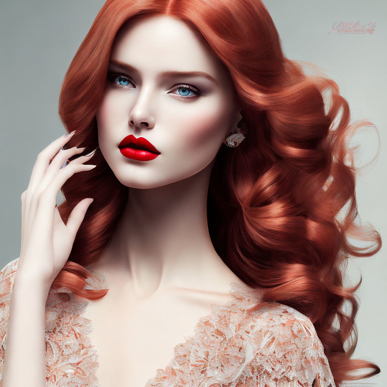 Portrait of Woman with Red Hair, Porcelain Skin, Blue Eyes, Red Lipstick, Lace Dress