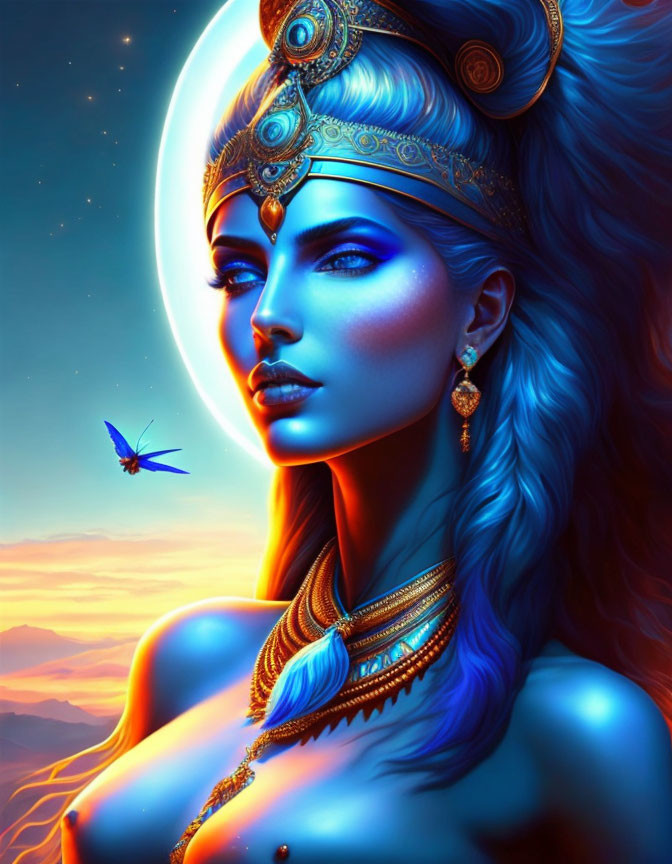 Digital Art: Woman with Blue Skin and Hair, Golden Adornments, Moonlit Sky