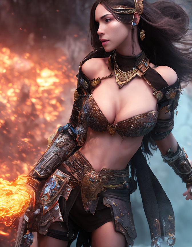 Female warrior in fantasy armor with flowing hair against fiery background