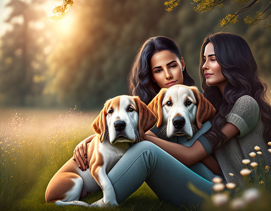 Two Women with Beagle Dogs in Grassy Field at Sunset