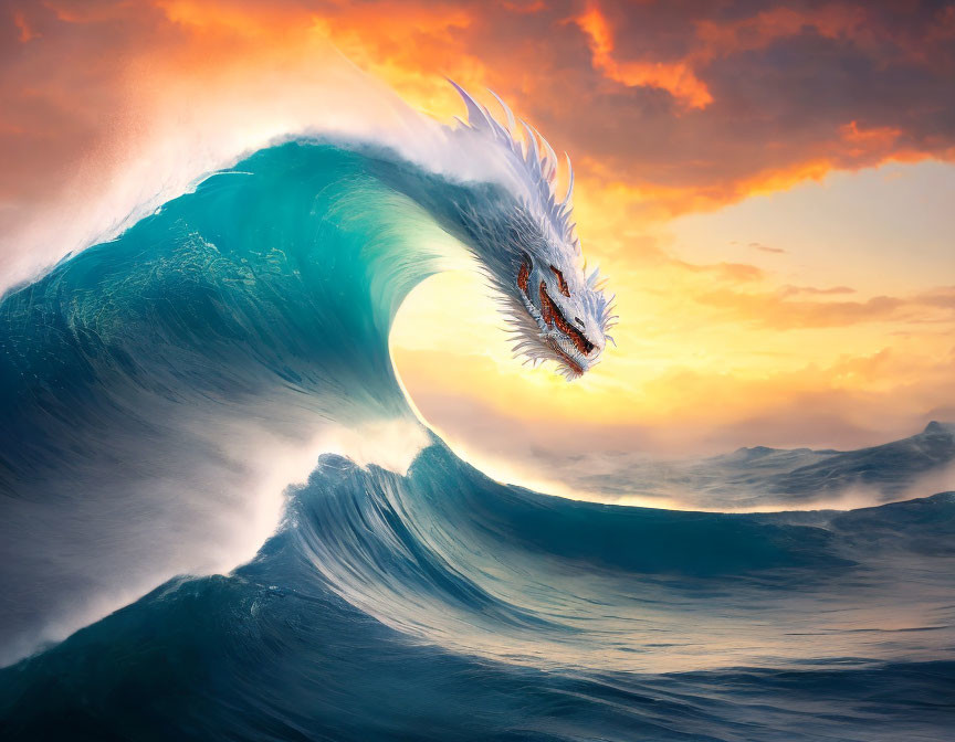 White dragon emerges from cresting wave at sunset.