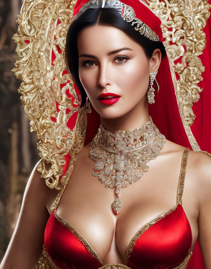 Woman in Red Dress with Gold Headpiece and Necklace Poses Elegantly