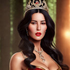 Regal woman with golden crown and red jewels on soft lit background