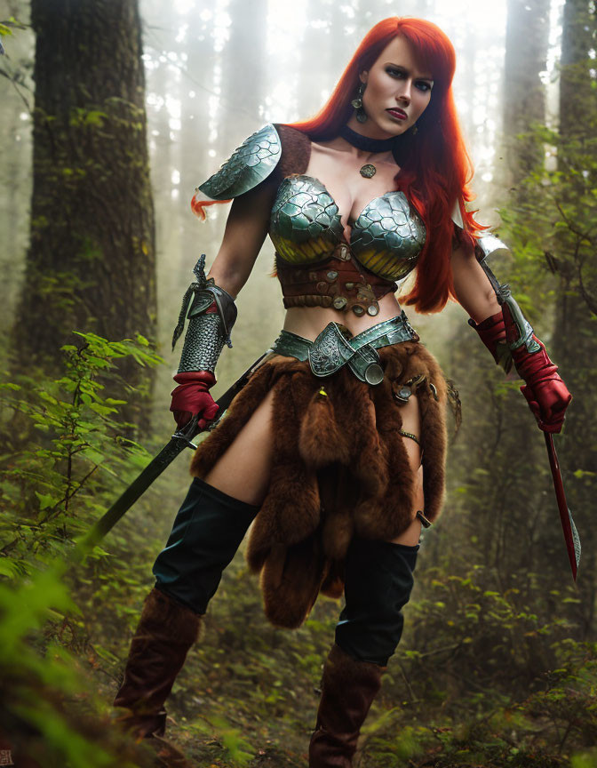 Red-haired fantasy warrior in scale armor and fur skirt in misty forest