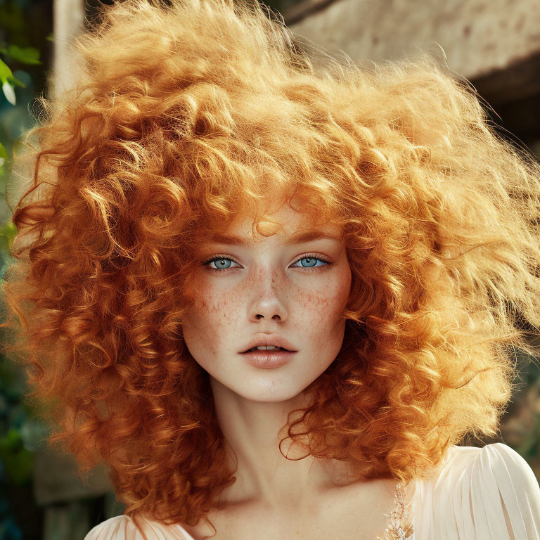 Portrait of person with voluminous curly red hair, fair skin, freckles, and blue eyes