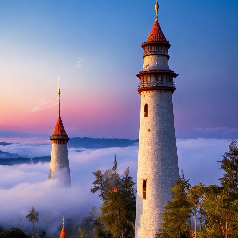 Majestic white stone tower in misty fairytale landscape