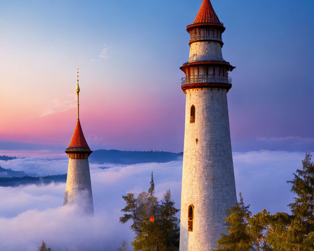 Majestic white stone tower in misty fairytale landscape