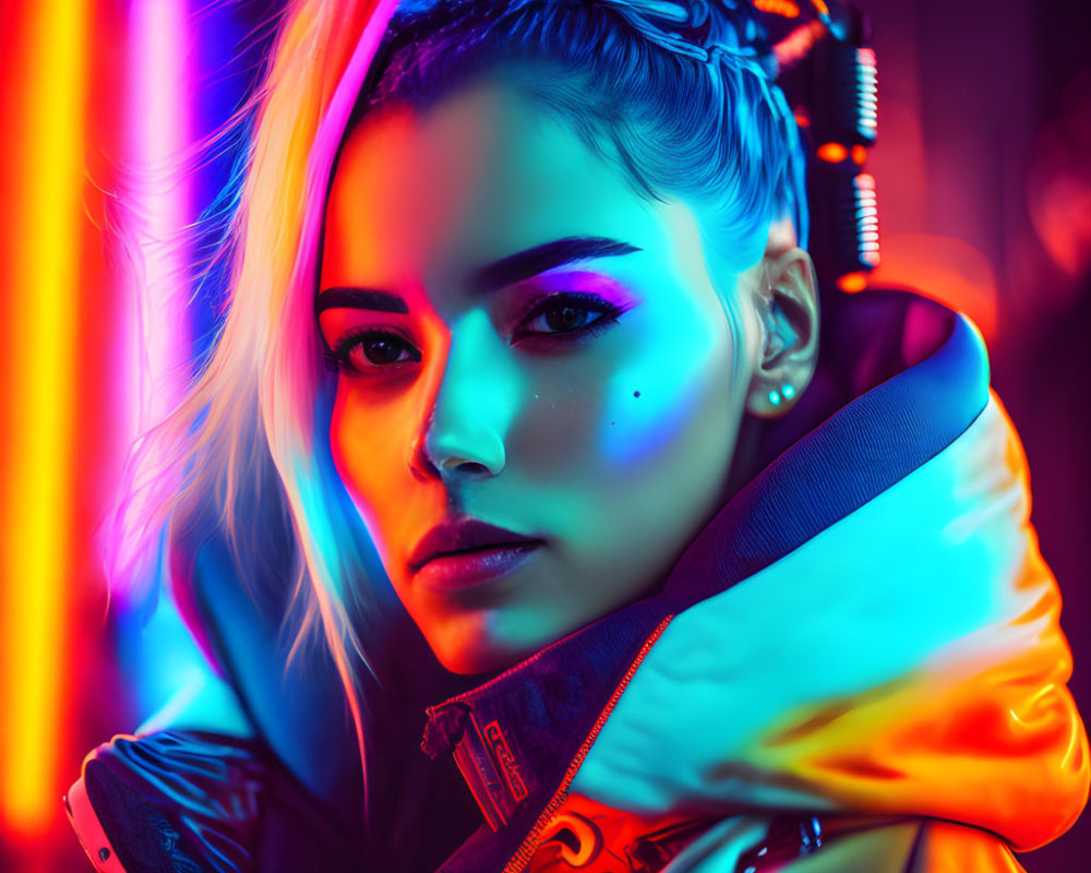 Intense gaze woman in metallic jacket under neon lights