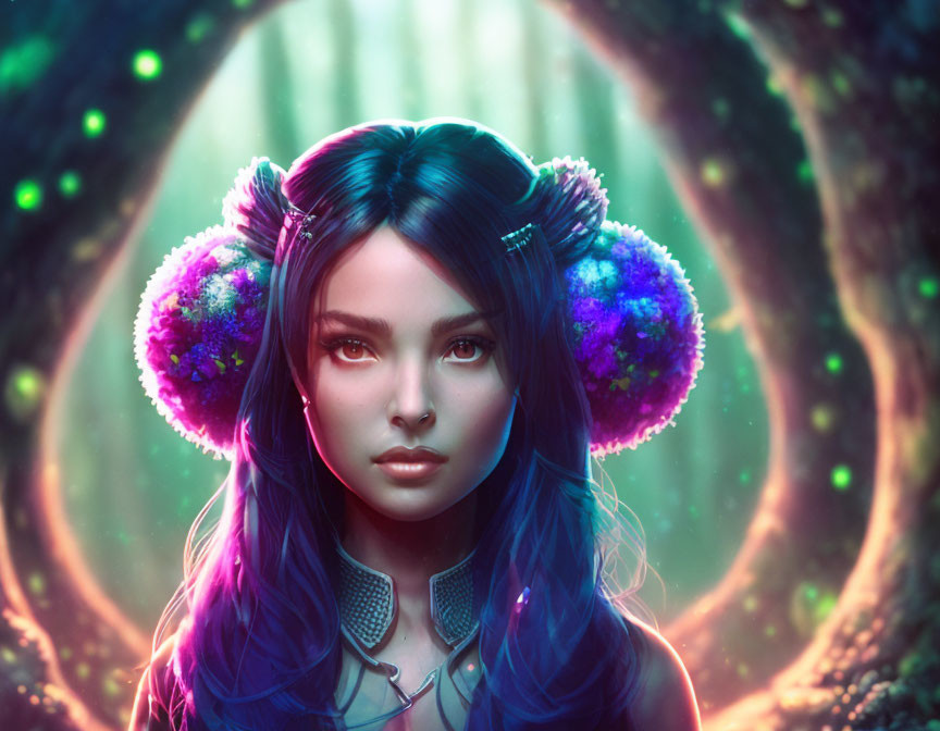 Digital artwork: Woman with blue hair and futuristic headphones in mystical green forest.