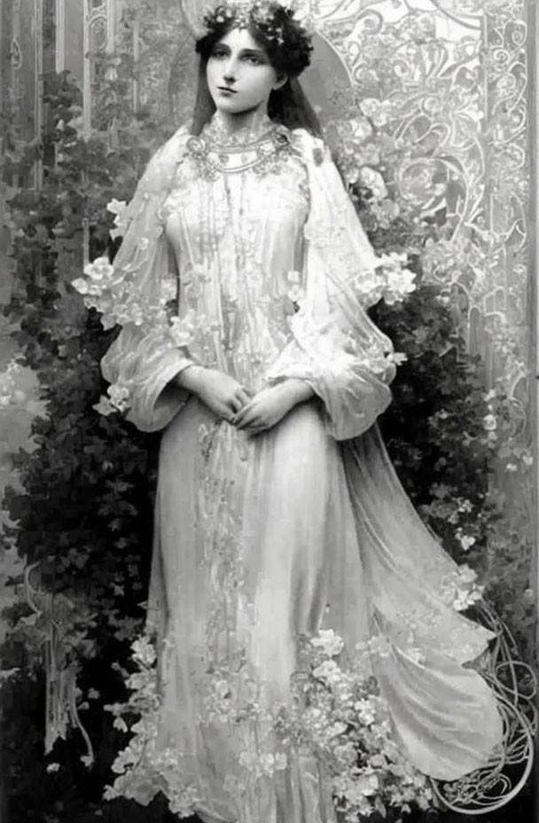 Monochrome illustration of elegant woman in flowing dress with ornate background