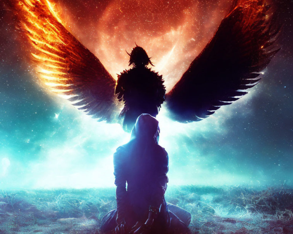 Silhouetted figure with fiery wings in cosmic setting