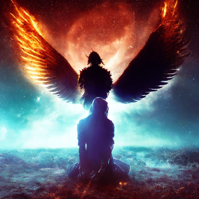 Silhouetted figure with fiery wings in cosmic setting