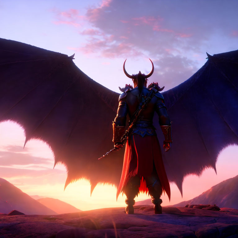 Fantasy character with wings and horns on hill at sunset with sword.