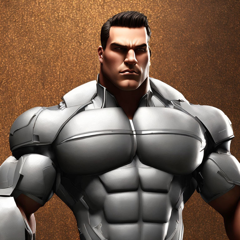 Muscular man in grey armor suit on textured brown background