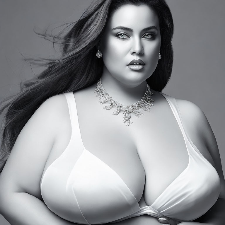 Monochrome portrait of plus-size woman in white attire & intricate jewelry