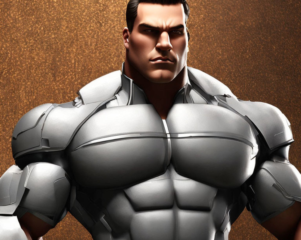 Muscular man in grey armor suit on textured brown background